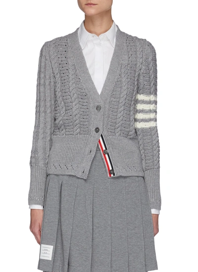 Thom Browne Four-bar Stripe Irish Pointelle Merino Wool Cable Knit Cardigan In Grey