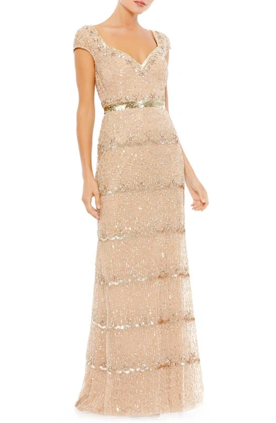 Mac Duggal Cap Sleeve Embellished Column Gown - Final Sale In Beige