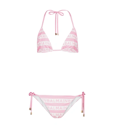 Balmain Logo-stripe Triangle Bikini In Pink