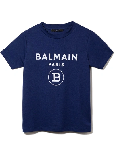 Balmain Teen Logo-print Cotton T-shirt In Blue