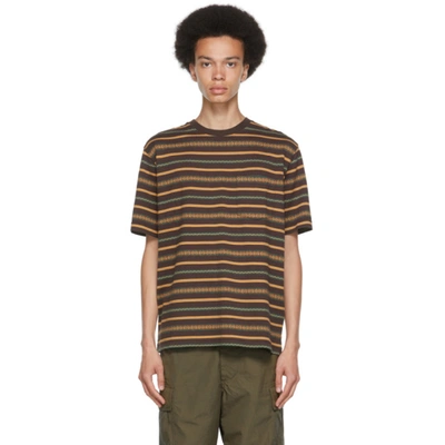 Beams Brown Jacquard Stripe Pocket T-shirt In Brown 28