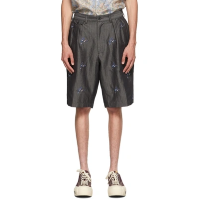Beams Grey Herringbone Two-pleated Embroidered Shorts In Black 19
