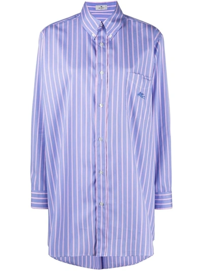 Etro Striped Cotton Poplin Shirt With Logo In Light Blue