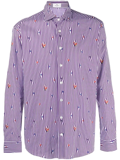Etro Cotton Shirt With Stripes And Fruit In Burgundy