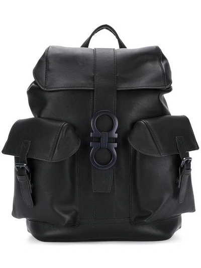 Ferragamo Techno Leather Gancio Backpack In Neronero