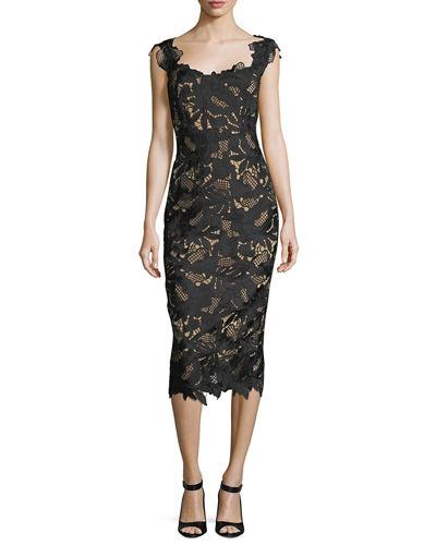 Lela Rose Scoop-neck Guipure Lace Midi Dress In Black | ModeSens