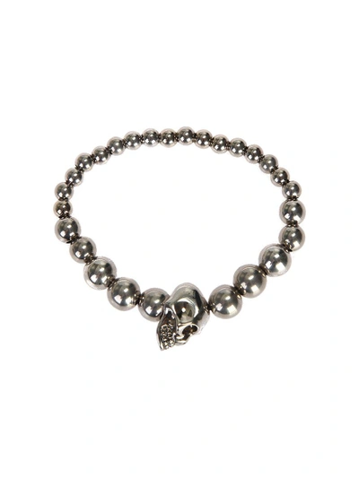 Alexander Mcqueen Elasticated Bracelet With Silver Metal Beads Ansd Skull In Metallic