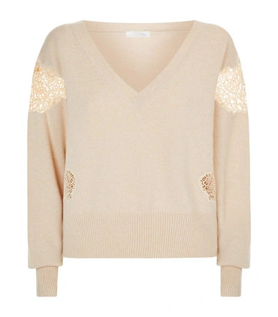 Chloé Cashmere V-neck Lace Sweater In Ivory