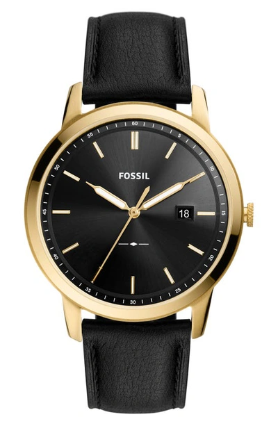Fossil Minimalist Solar Leather Strap Watch, 42mm In Yellow Gold/ Brown