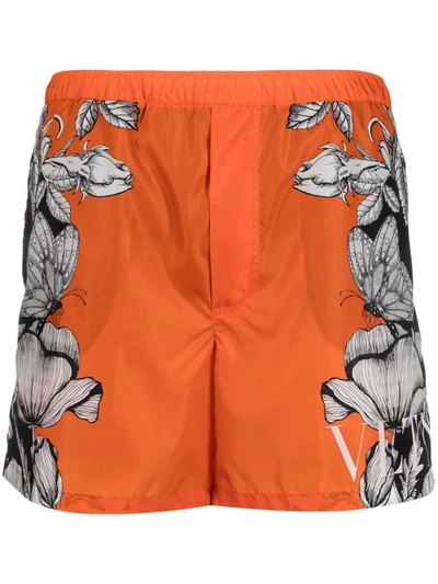 Valentino Dark Blooming Print Swim Shorts In Orange