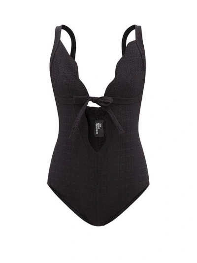 Lisa Marie Fernandez Scallop Bow Seersucker Maillot One-piece Swimsuit In Black Seersucker