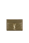 Saint Laurent Monogramme Grain De Poudre Leather Card Case, Golden Hardware In Vert Kaki