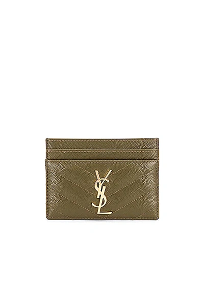 Saint Laurent Monogramme Grain De Poudre Leather Card Case, Golden Hardware In Vert Kaki