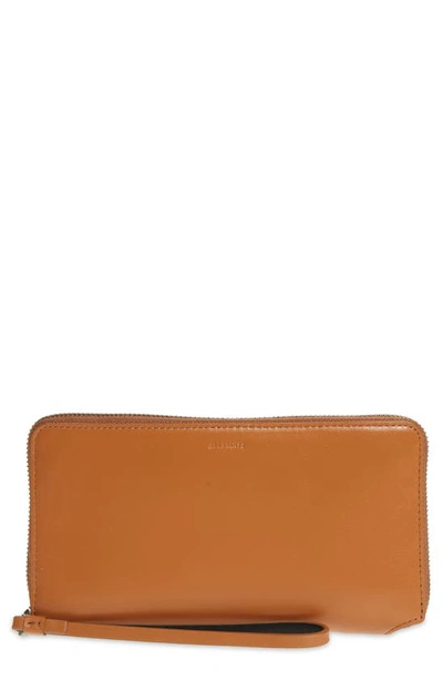 Allsaints Fetch Leather Phone Wristlet In Brandy