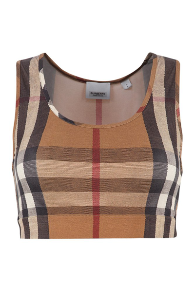 Burberry Stretch Fabric Top With Check Pattern - Atterley In Nocolor