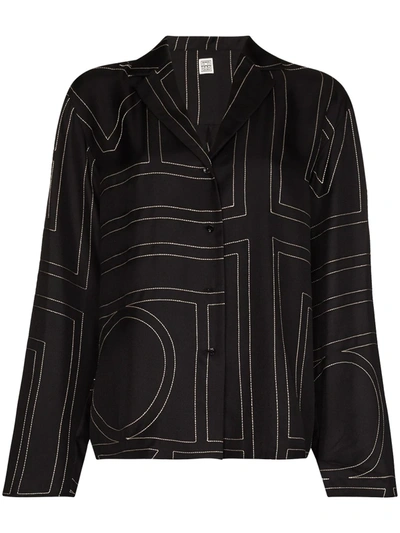 Totême Monogram Geometric-embroidered Silk-satin Pyjama Top In Black