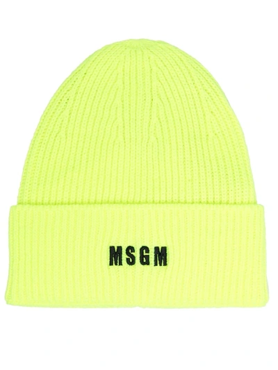 Msgm Embroidered Logo Knitted Beanie In Yellow