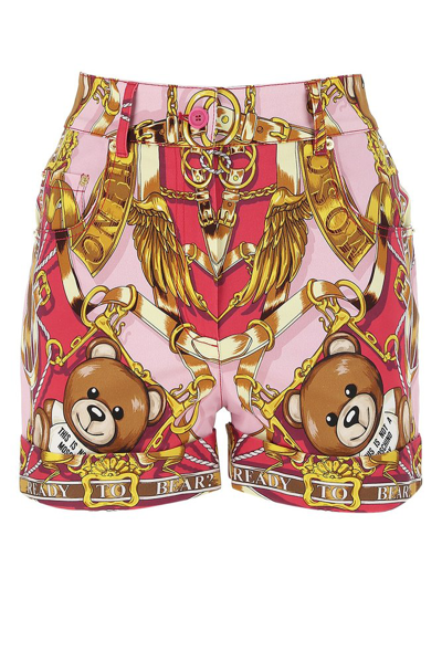 Moschino All Over Teddy Print Gabardine Shorts In Pink