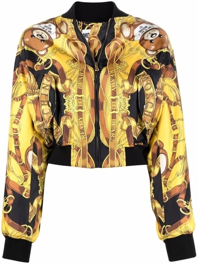 Moschino Toy Bear Baroque Print Bomber Jacket In Black