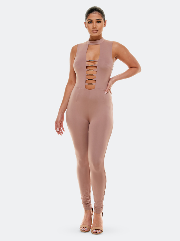 Bebe Gold Bar Detail Catsuit In Taupe Modesens