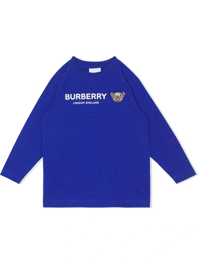 Burberry Long-sleeved Crew Neck T-shirt With Thomas Bear Print And Writing In Blue