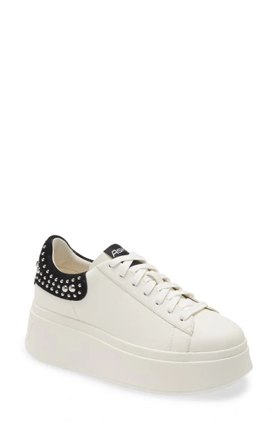 Ash Moby Stud Bicolor Leather Platform Sneakers In White/ Black Studded Leather