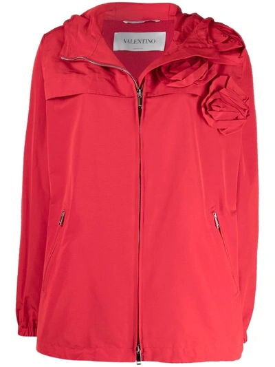 Valentino Red Cotton Blend Jacket With Rose Blossom Detail