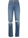 Re/done High-rise Stovepipe Jeans With Raw-edge Hem In Blue