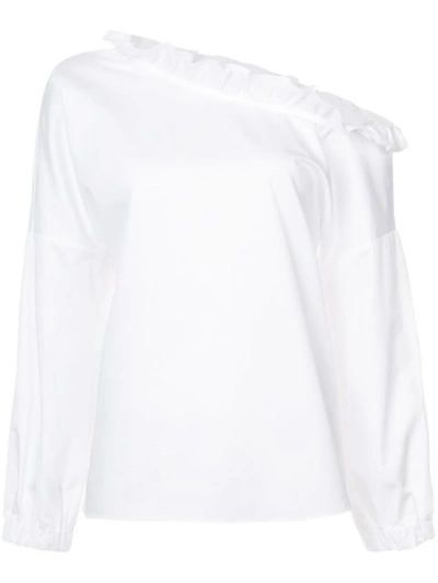 Tibi Satin Poplin One-shoulder Blouse In White