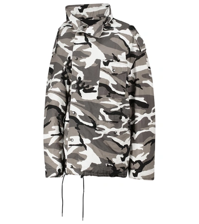 Balenciaga Off-shoulder Camouflage-print Military Parka Coat In Grey
