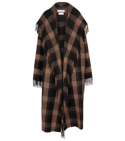 Balenciaga Shepherd-check Fringed Wool-blend Twill Coat In Brown