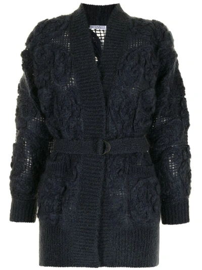 Brunello Cucinelli Floral-embroidered Opera-knit Belted Cardigan In Navy