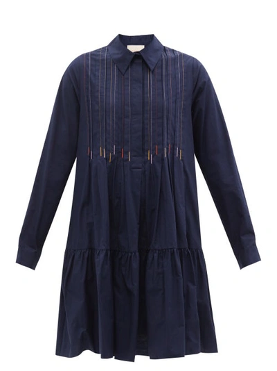 Roksanda Dilara Embroidered Cotton-poplin Shirt Dress In Navy