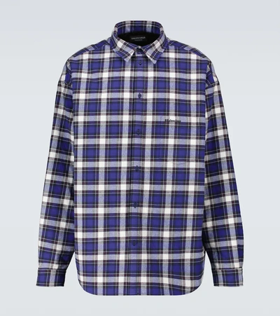 Balenciaga Padded Logo-embroidered Checked Cotton-flannel Overshirt In Blue