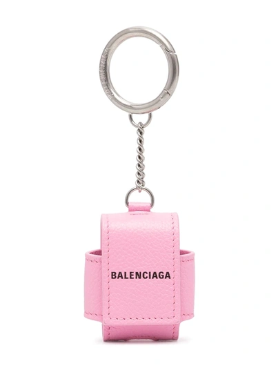 Balenciaga Logo Leather Airpod Holder In Pink,black