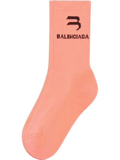 Balenciaga Ribbed-knit Logo-intarsia Socks In Pink,black