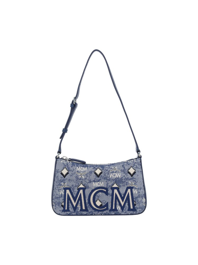 Mcm Ladies Blue Shoulder Bag In Vintage Jacquard Monogram