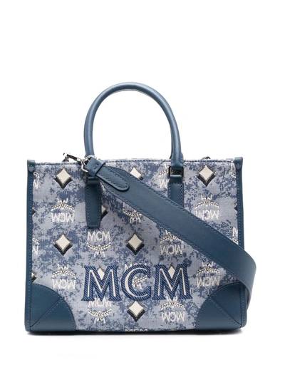 Mcm Small Monogram-print Tote Bag In Blue,white