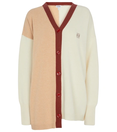 Loewe Asymmetric Embroidered Colour-block Wool Cardigan In Ecru Camel