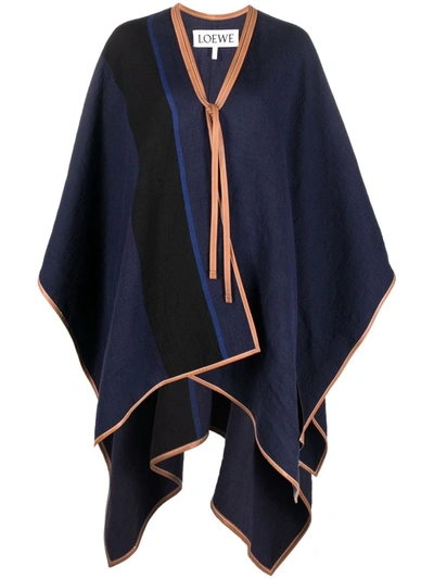 Loewe Striped Leather-trimmed Crinkled Linen, Cotton And Silk-blend Cape In Black & Dark Navy