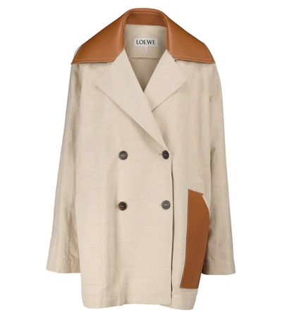 Loewe Double-breasted Leather-trimmed Cotton And Linen-blend Coat In Multi-colour