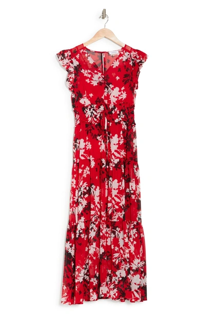 Calvin Klein Floral Ruffled Chiffon Maxi Dress In Red Multi