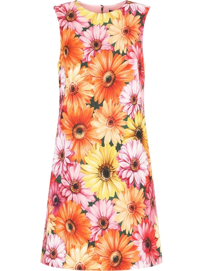 Dolce & Gabbana Short Cady A-line Dress With Gerbera-daisy Print In Multicolor