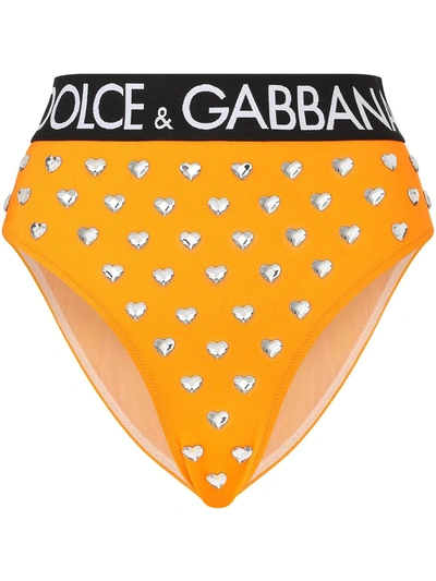 Dolce & Gabbana Spandex High-waisted Briefs With Rhinestones And Branded Elastic In Orange