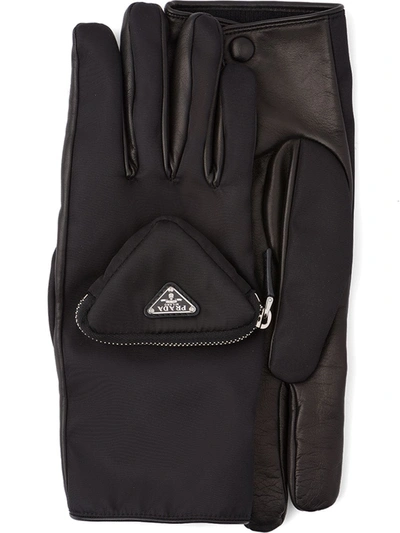 Prada Nylon And Leather Gloves In Black