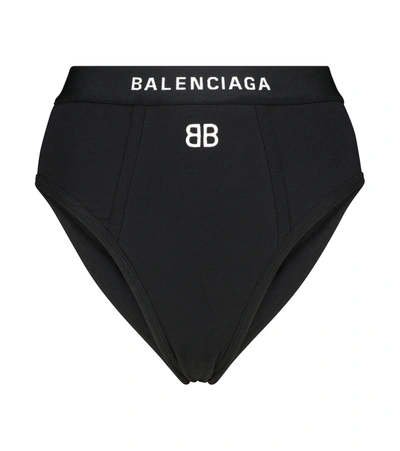 Balenciaga Logo-embroidered High-rise Cotton-blend Briefs In Black