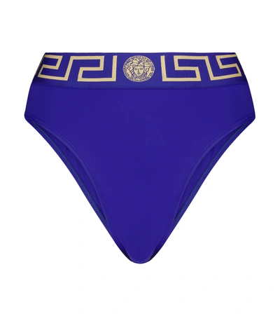Versace Triangle Bikini Bottoms W/ Greek Motif In Blue