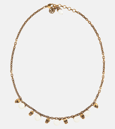 Alexander Mcqueen Skull Faux Pearl-embellished Necklace In Antique Gold