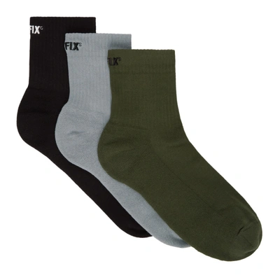 Affix Three-pack Multicolor Short Rib Socks In Blk/oli/gry