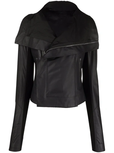 Rick Owens Textured-leather, Ribbed Wool And Cotton And Silk-blend Biker Jacket In Black